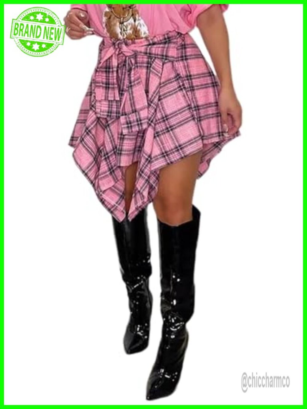 Plaid Mini Skort Elastic High Waist Knot Front Asymmetrical Hem Pleated Skirt